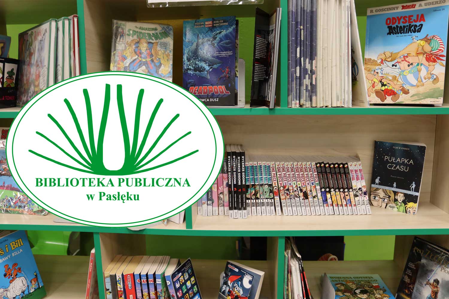  Zdjęcie przedstawiające półki z komiksami na tle którgo widnieje logotyp Biblioteki Publicznej w Pasłęku 
